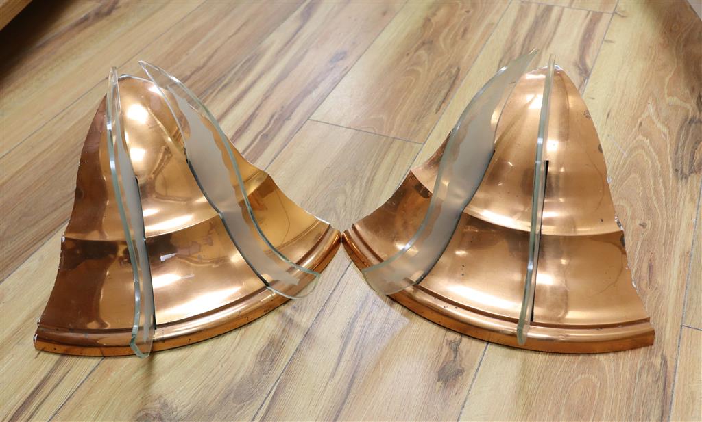 A pair of Art Deco copper and glass mounted quarter-lights, height 20cm